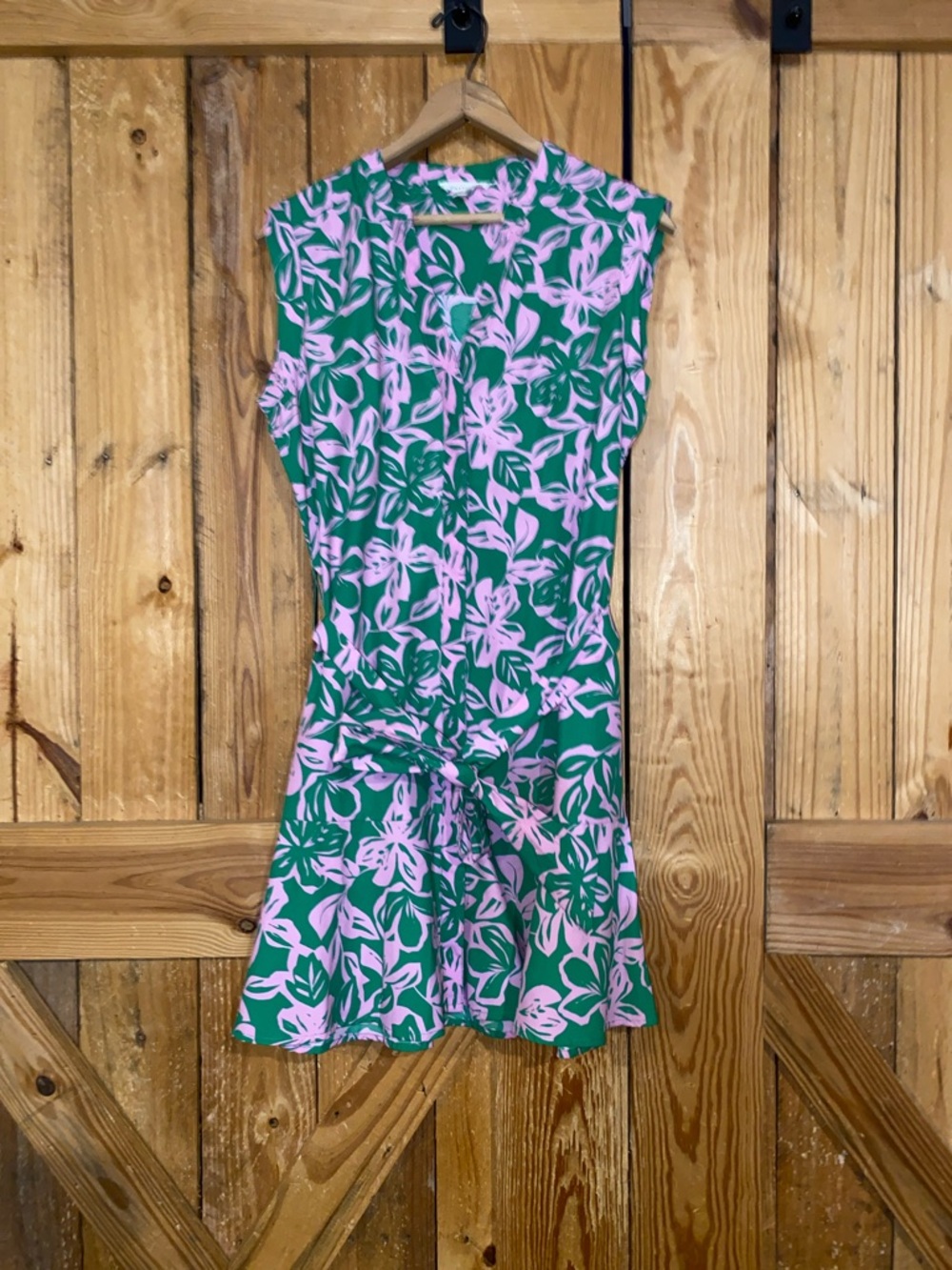 Floral Print Tie-Waist Dress in Green and Pink